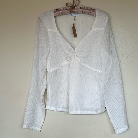 NWT Cream semi sheer blouse crinkle chiffon twist front long sleeves Sz L - Picture 1 of 10